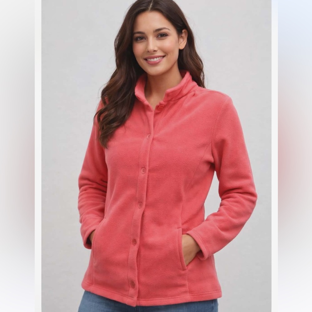 LL BEAN Coral Peach Fleece Button Up Jacket With Pockets XS